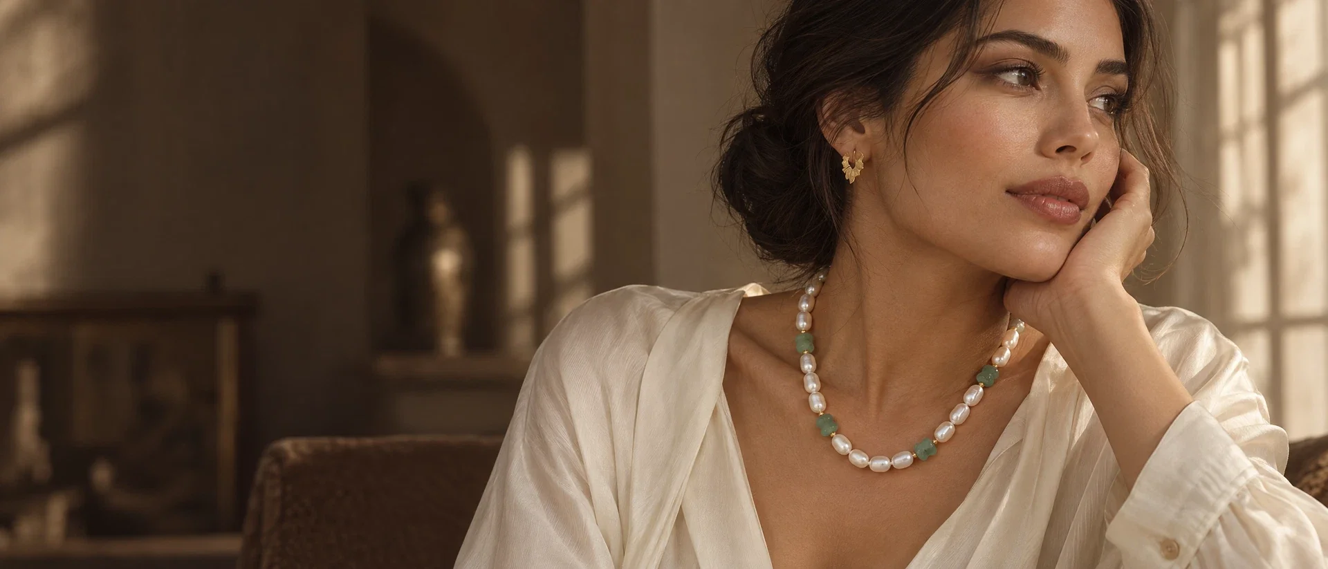 Pearl and green jade necklace with gold leaf hoop earrings in warm window light