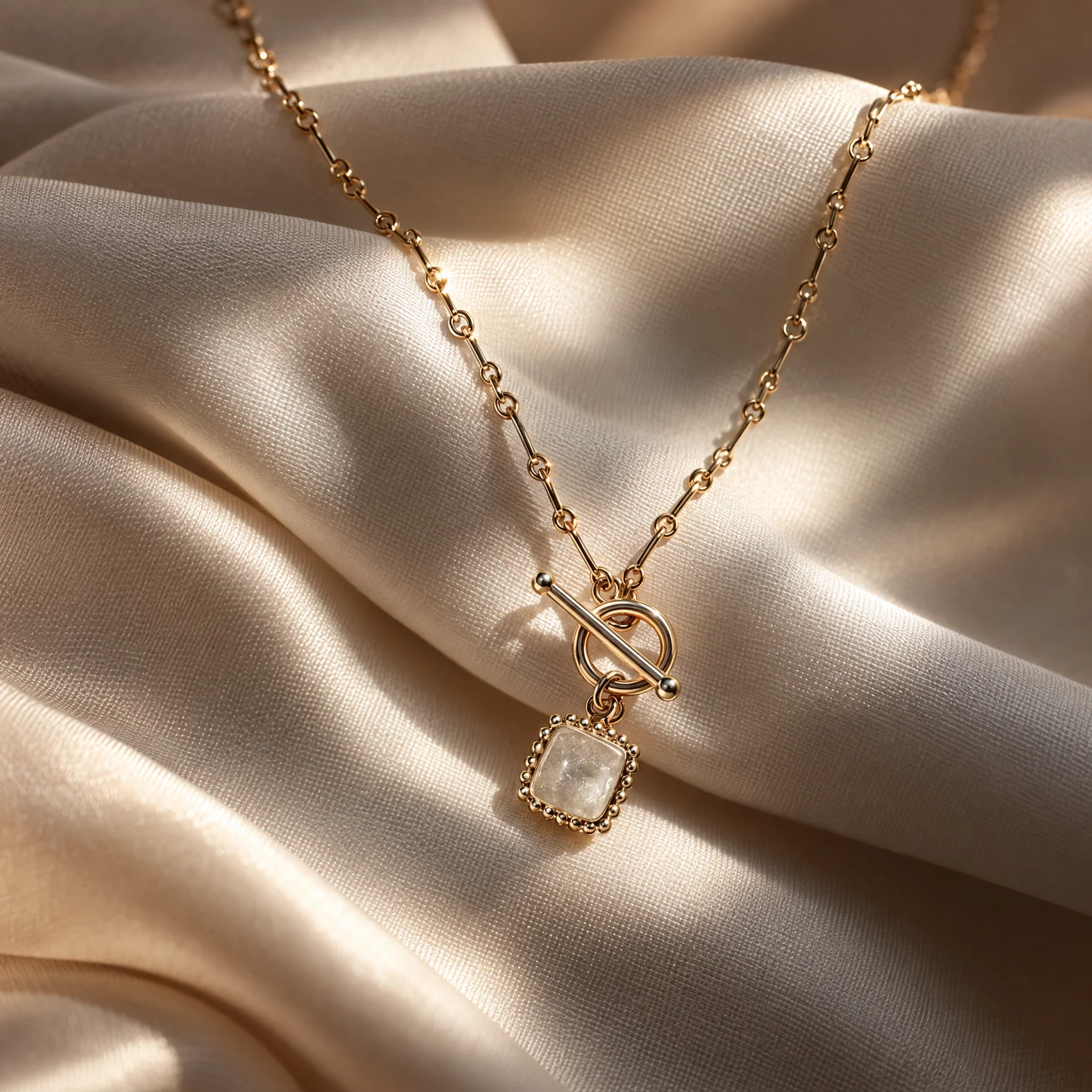 Keepsake necklace on ivory silk with warm window light