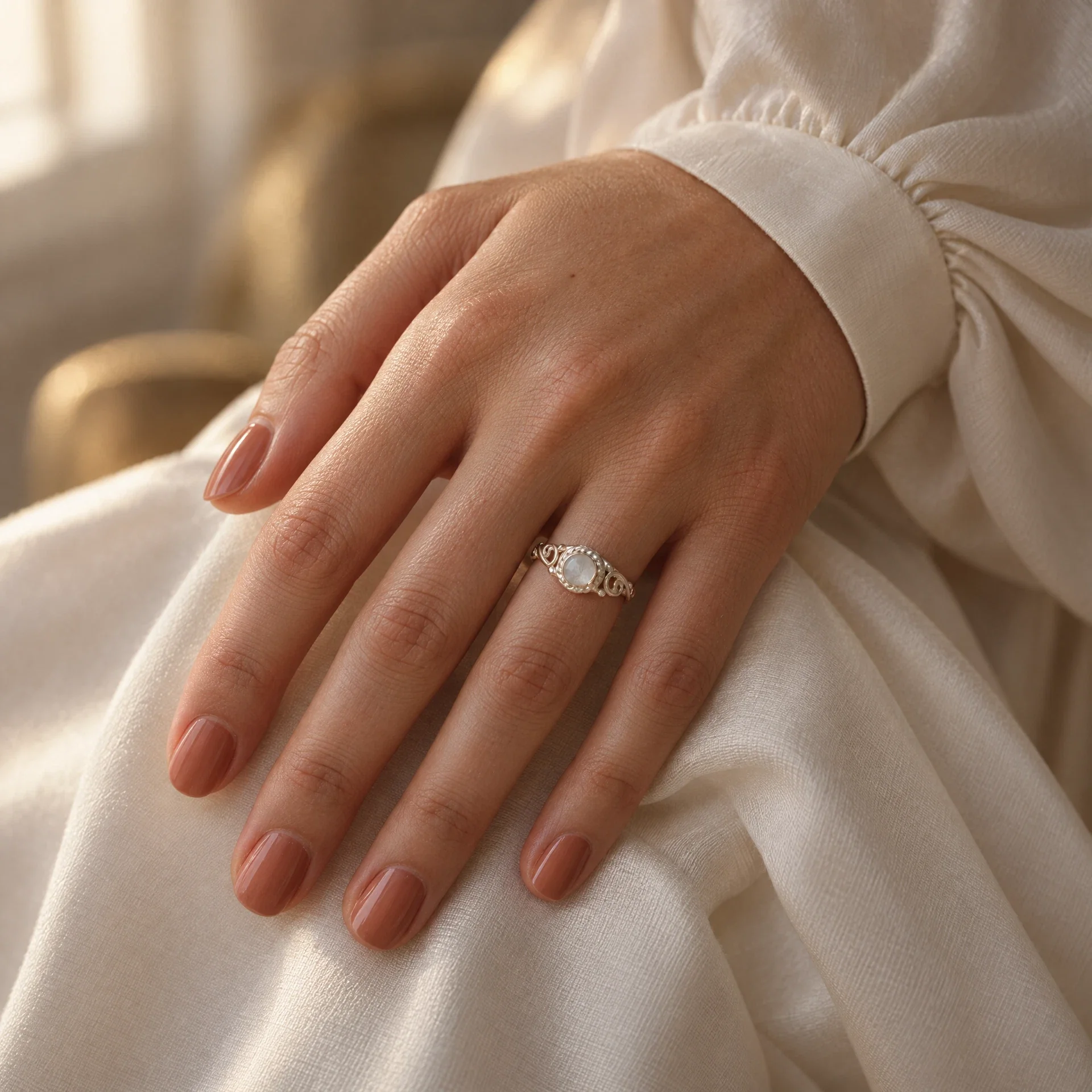 Pale keepsake ring on a hand with soft ivory fabric