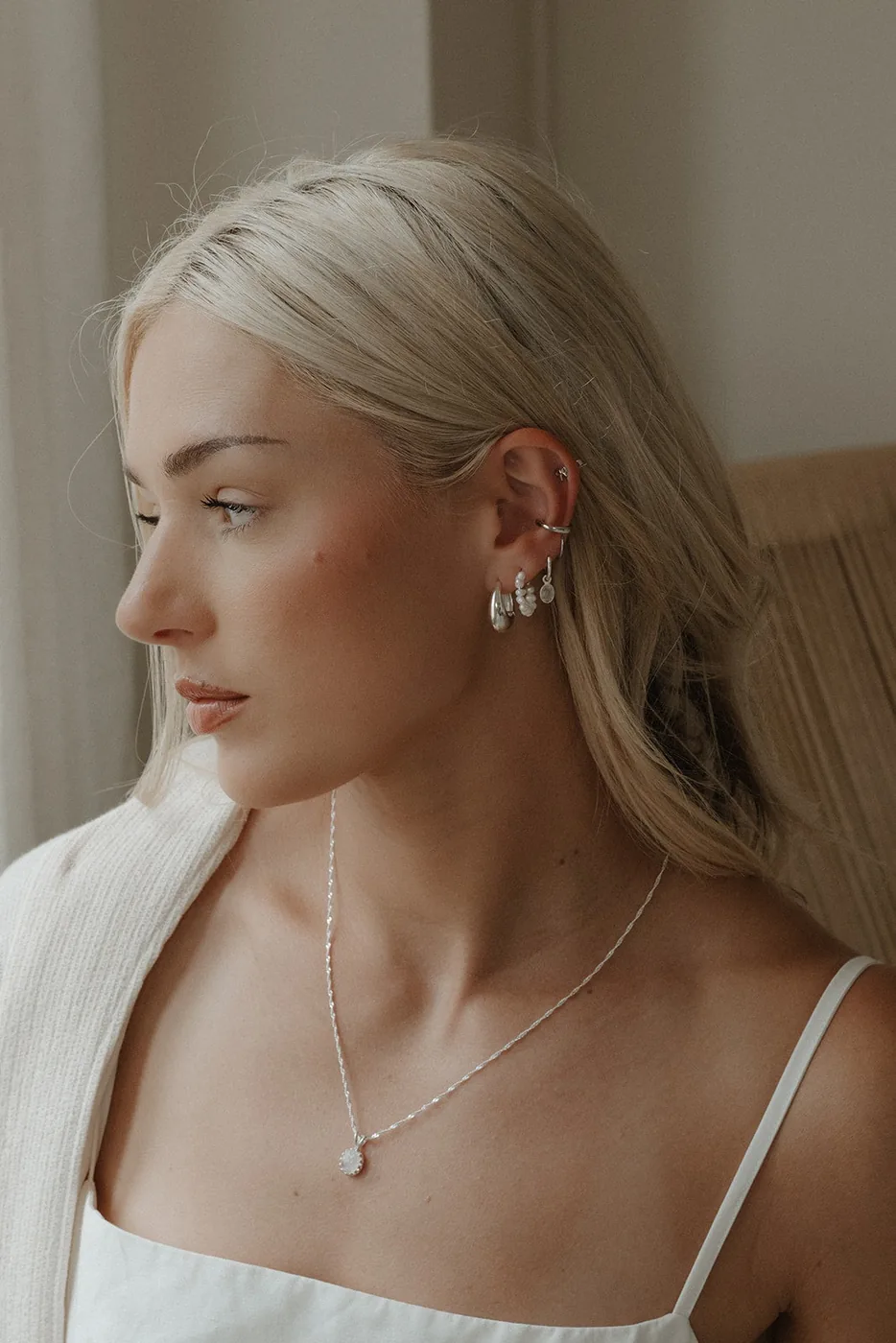 Moon Stone Huggie Hoops - Sterling Silver — product image 5